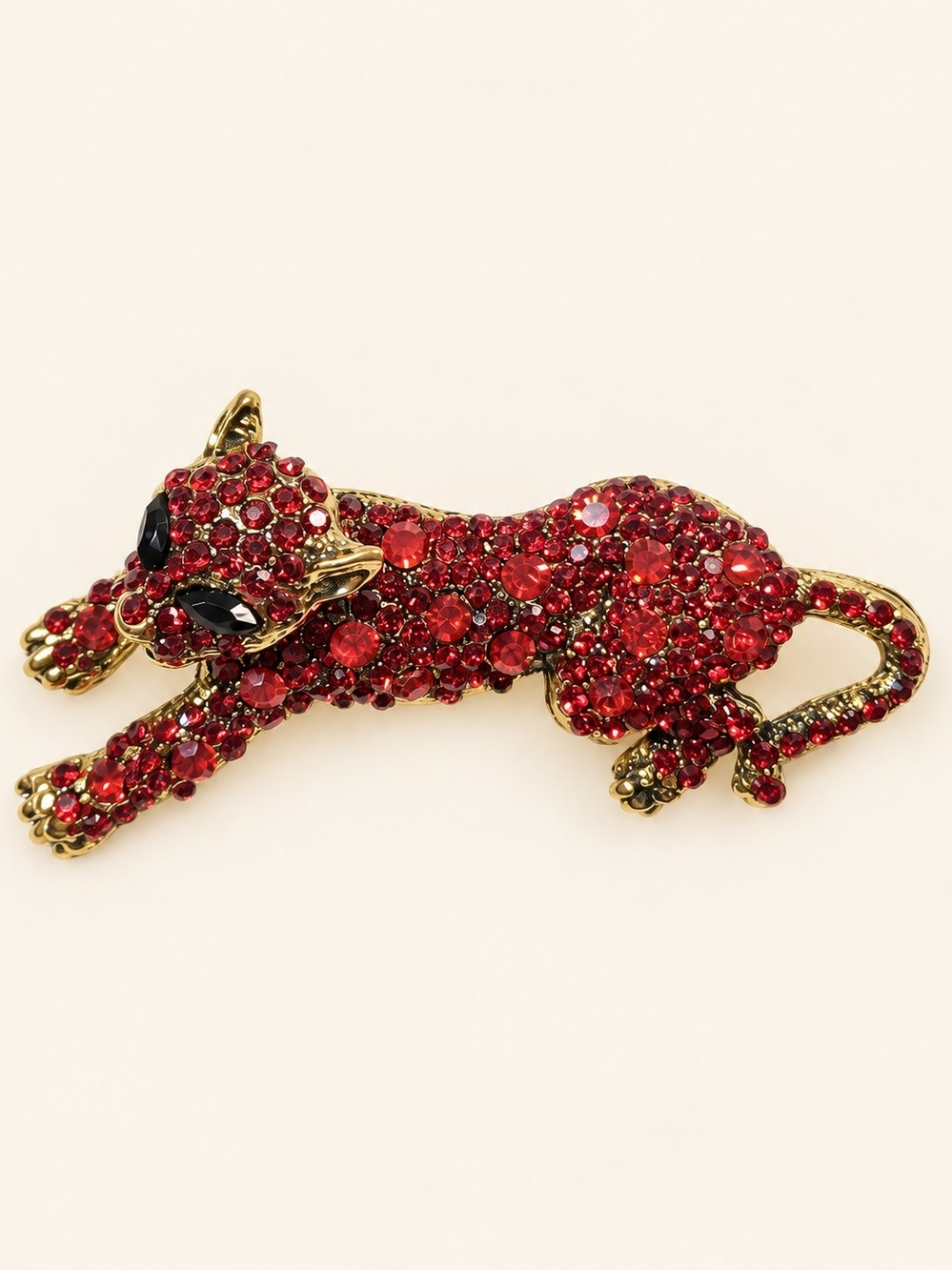 Red Crystal Panther Brooch - Designer-Inspired Gold Accent
